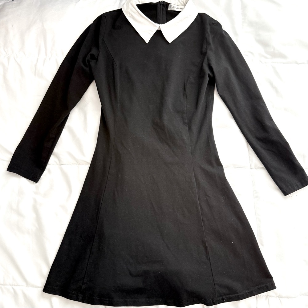 Wednesday Adam’s Aphratti costume white Collared black Dress and wig - Picture 6 of 10